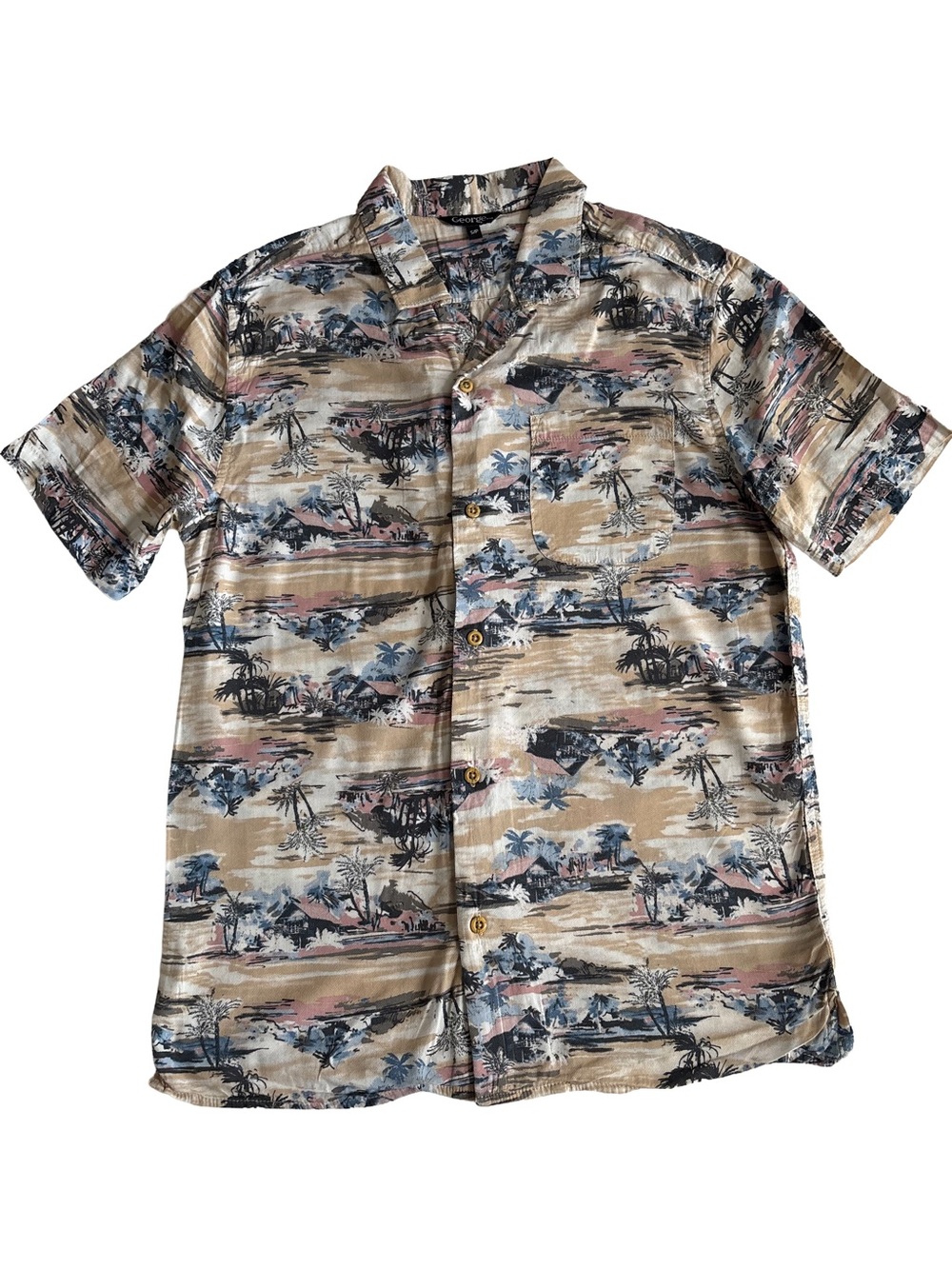 George Men’s Small Tropical Button-Up Shirt Beige Island Print Short Sleeve